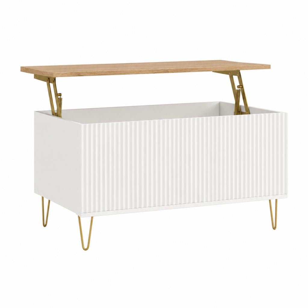 Table basse relevable rectangulaire blanche en MDF avec plateau effet chêne 100 x 50 x 43 cm