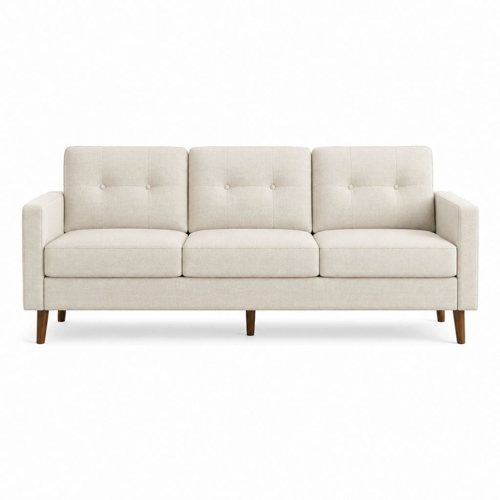 Canapé 3 places beige en polyester avec pieds en hévéa massif 200 x 82 x 86 cm