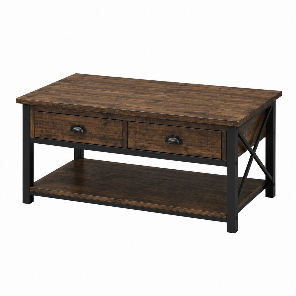 Table basse avec 2 tiroirs brun rustique et noir en panneaux de particules et acier 110 x 55 x 45 cm