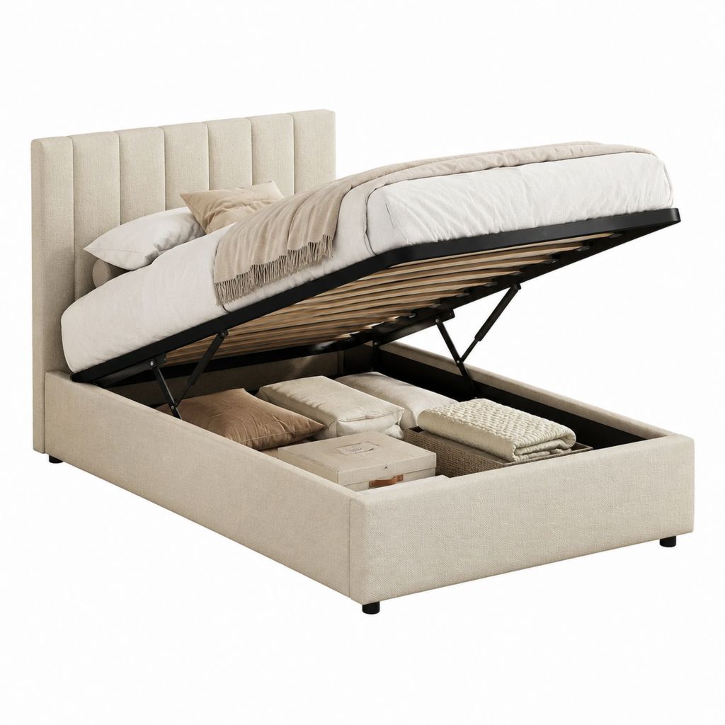 Lit coffre 160 x 200 cm beige en polyester avec sommier relevable à lattes