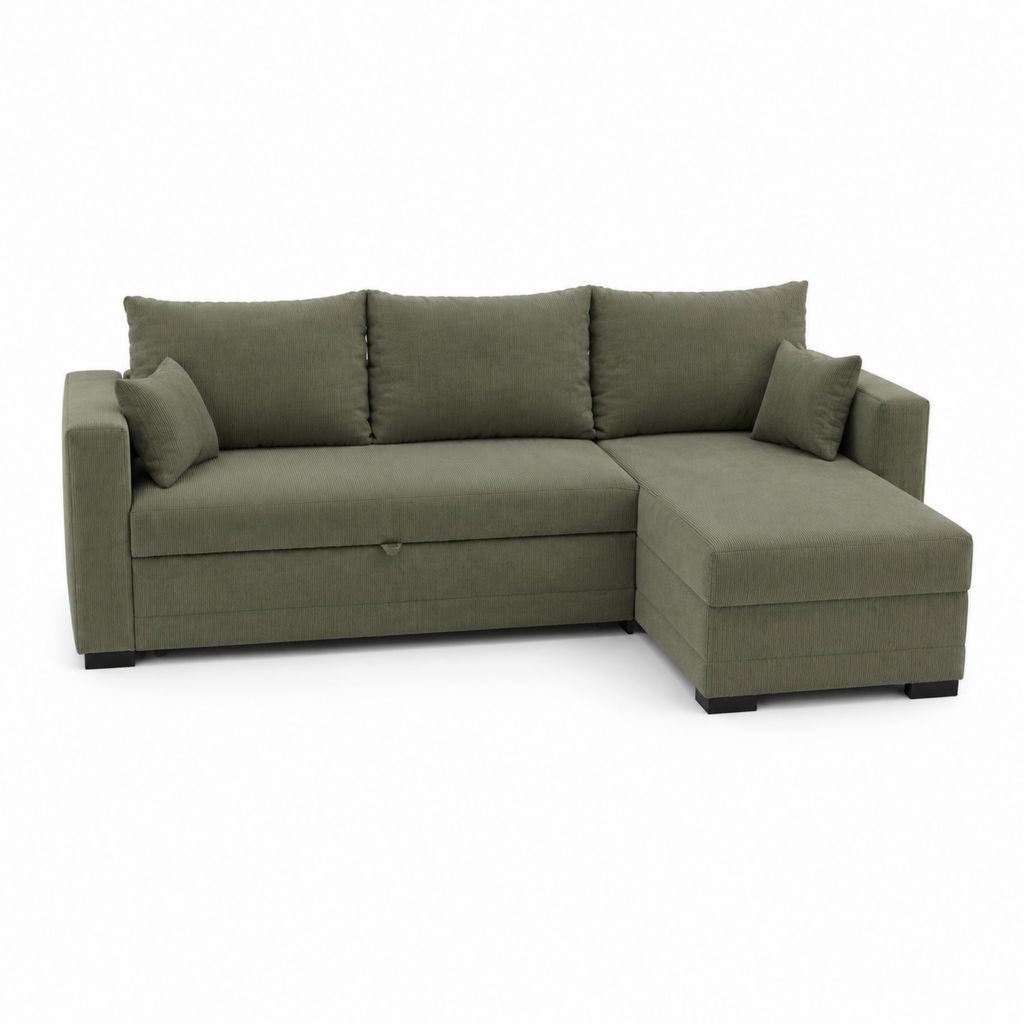 Canapé d'angle convertible vert olive en polyester côtelé 230 x 145 x 85 cm