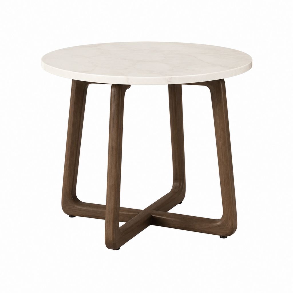 Table basse ronde blanche en marbre et noyer 60 x 60 x 50 cm