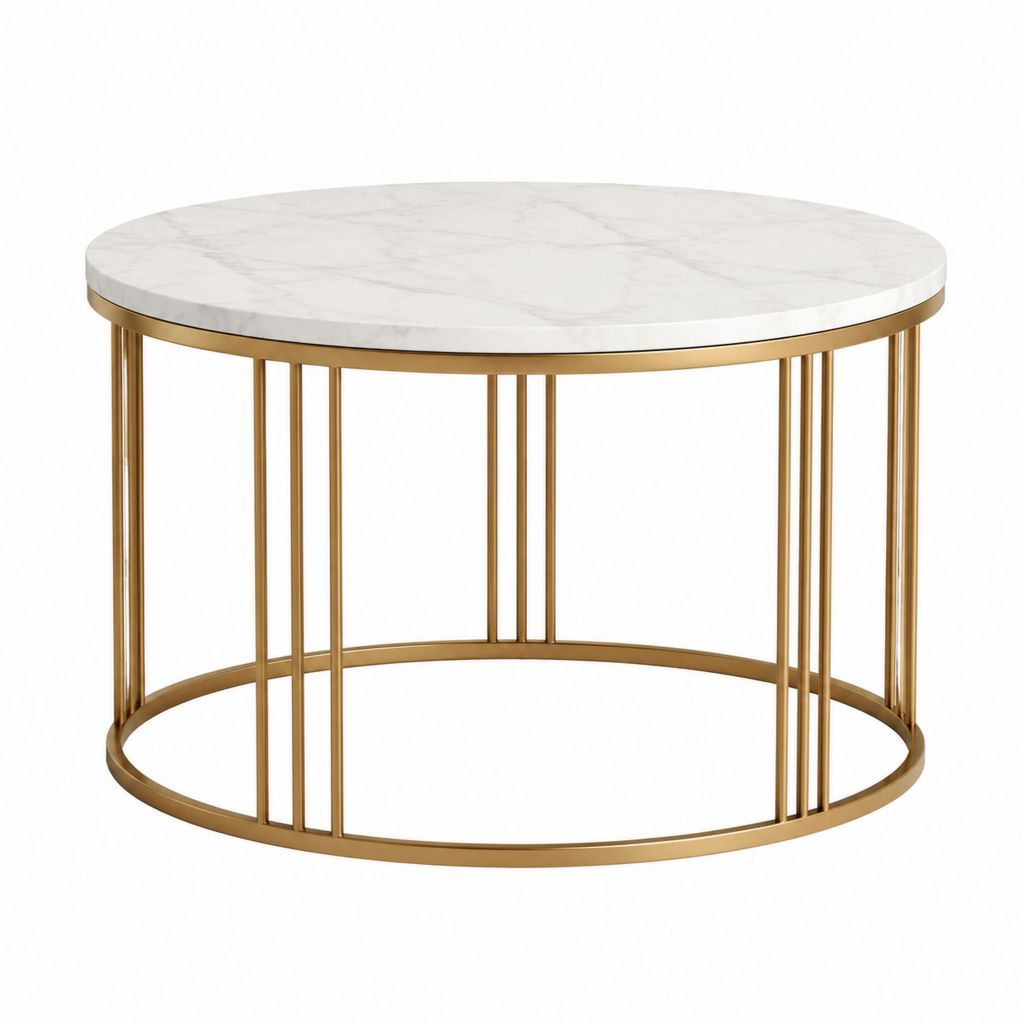 Table basse ronde blanche et dorée en MDF effet marbre et acier 80 x 80 x 45 cm