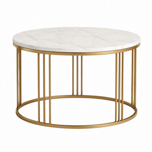 Table basse ronde blanche et dorée en MDF effet marbre et acier 80 x 80 x 45 cm