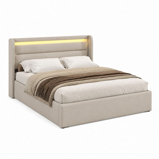Lit coffre rectangulaire 160 x 200 cm beige en polyester avec tête de lit LED