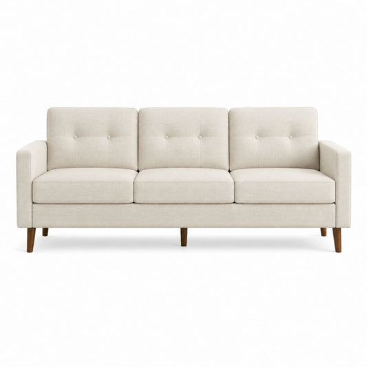 Canapé 3 places beige en polyester avec pieds en hévéa massif 200 x 82 x 86 cm