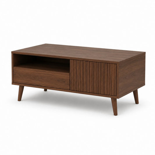 Table basse rectangulaire noyer en MDF plaqué avec tiroir et rangement 120 x 60 x 50 cm