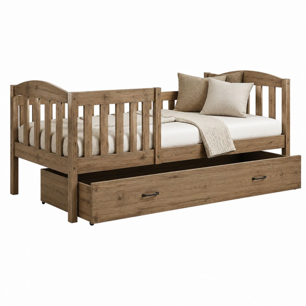 Lit enfant avec tiroir de rangement marron en pin massif 90 x 190 cm