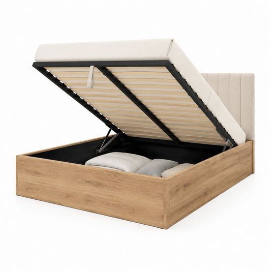 Lit coffre 160 x 200 cm chêne clair avec tête de lit beige et sommier relevable