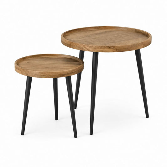 Lot de 2 tables basses gigognes rondes marron et noir en bois massif et acier 60 x 60 x 60 cm et 45 x 45 x 50 cm