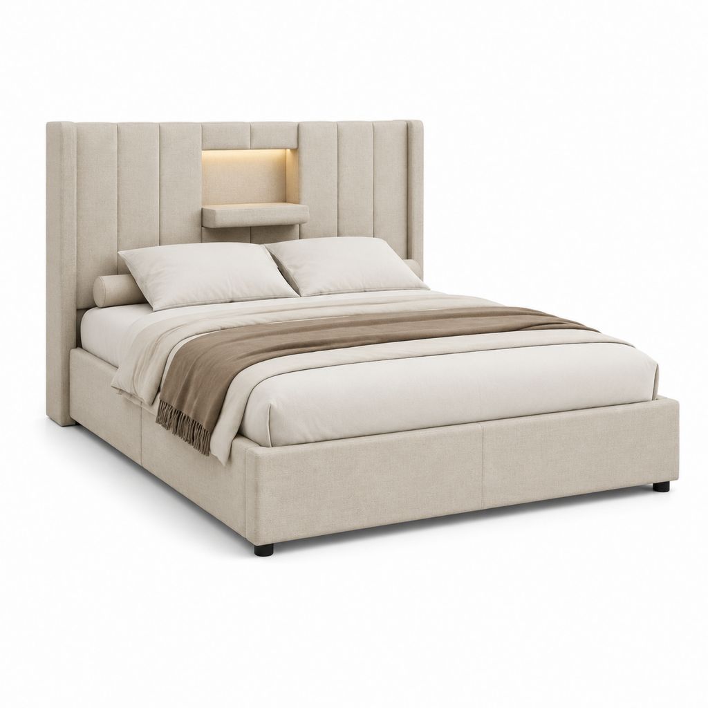 Lit coffre 160 x 200 cm beige en polyester avec tête de lit éclairée