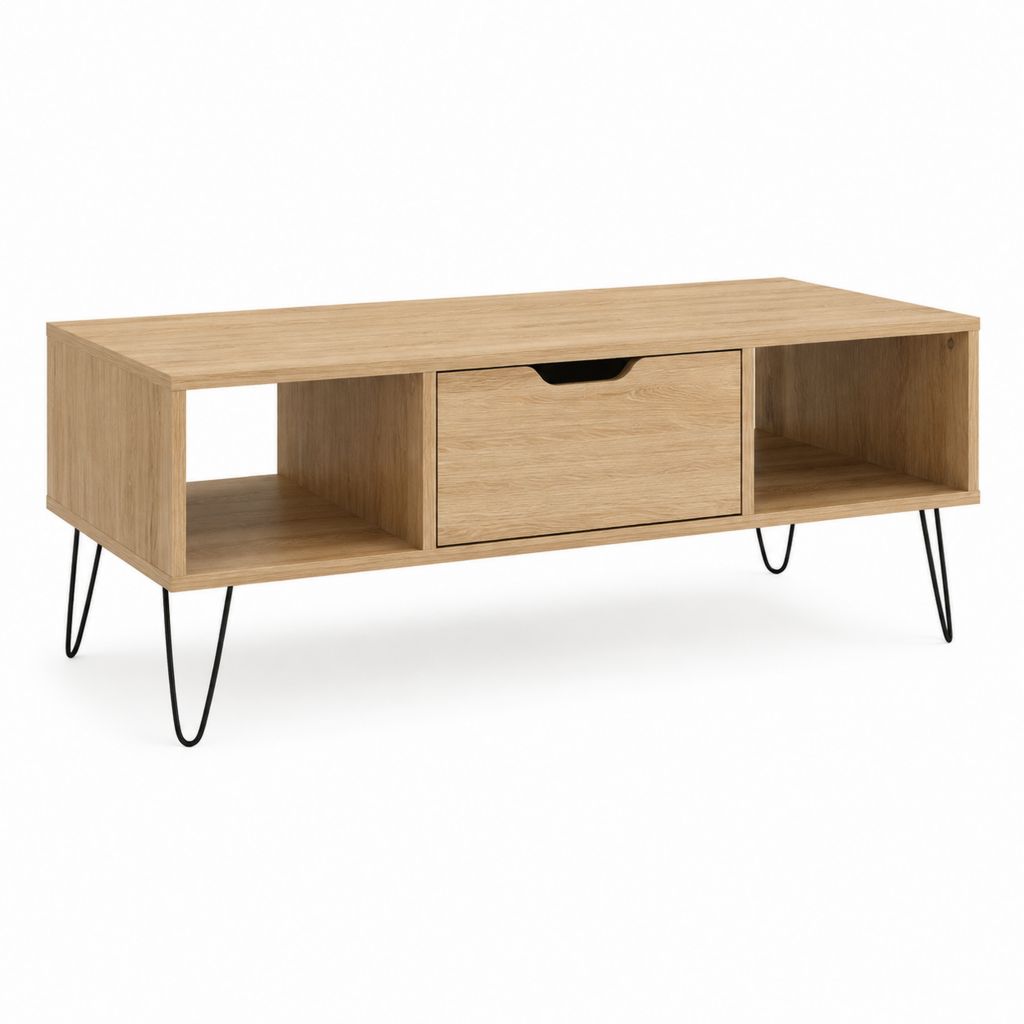 Table basse rectangulaire chêne clair en panneaux de particules 100 x 50 x 45 cm avec tiroir et niches