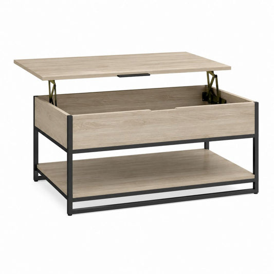 Table basse relevable rectangulaire chêne clair et noir en panneaux de particules 100 x 50 x 45 cm