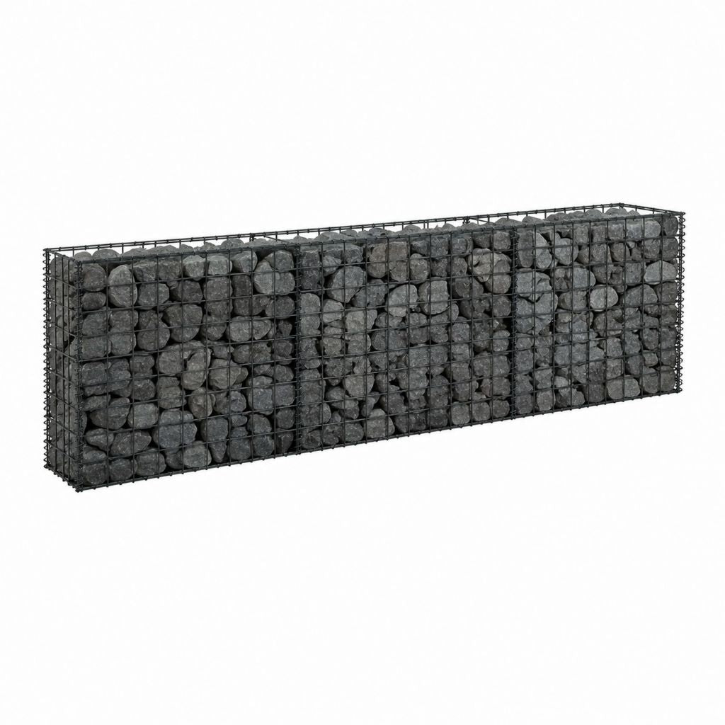 Jardinière gabion rectangulaire noire en acier galvanisé avec pierres 180 x 30 x 50 cm
