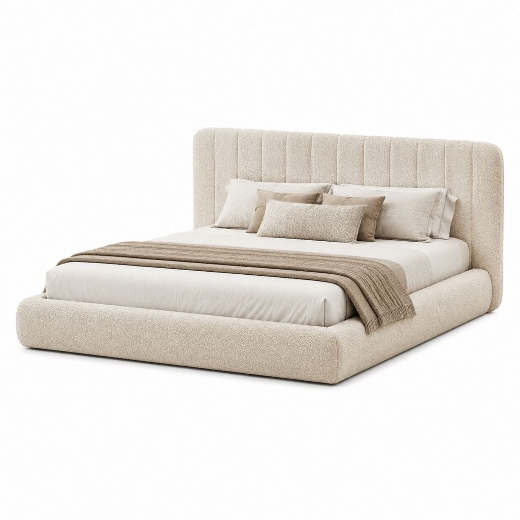 Lit coffre 2 places beige en tissu bouclette polyester 160 x 200 cm