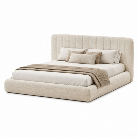 Lit coffre 2 places beige en tissu bouclette polyester 160 x 200 cm