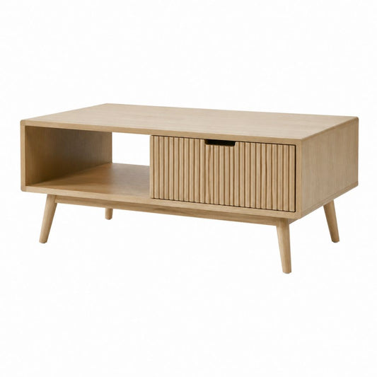 Table basse rectangulaire chêne clair en MDF 110 x 50 x 45 cm avec rangement